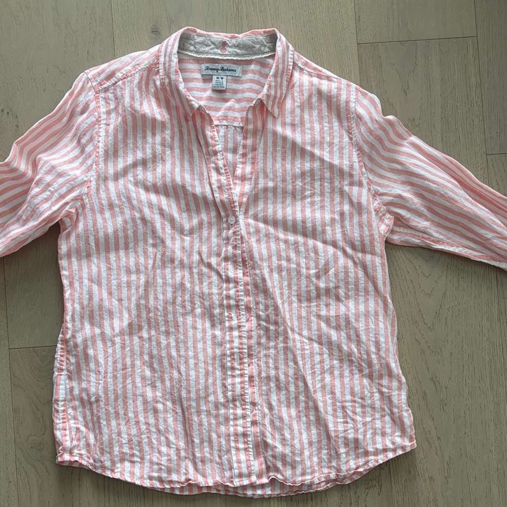 Tommy Bahama Coral and White Striped Shirt